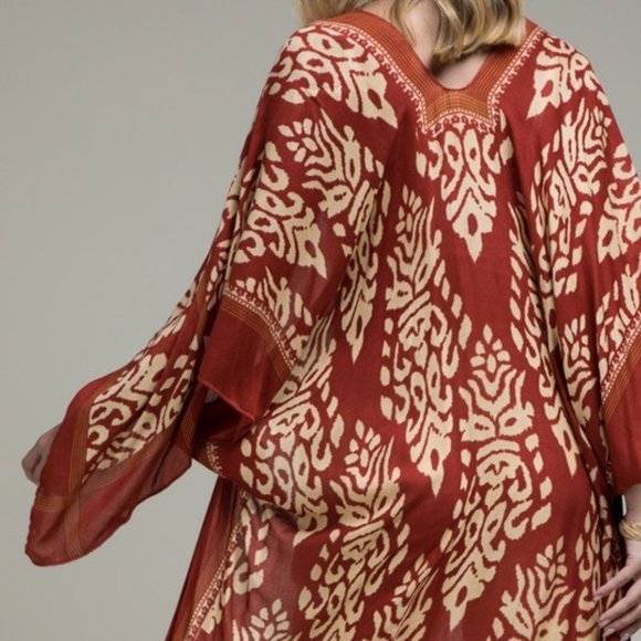 🚨 1 LEFT! VENITIA Rust Damask Boho Pom Pom Kimono - Picture 6 of 7